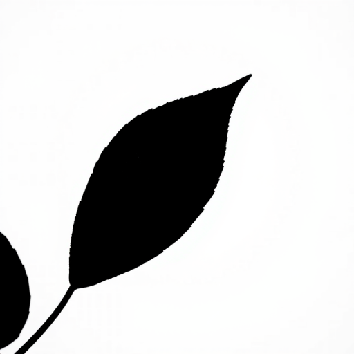 Generate a high-contrast black silhouette of a leaf against a white background, using a DSLR camera, aperture set to f/2.8 for shallow depth of field, 50mm lens, ISO 100, capturing at eye level in natural light for enhanced clarity.