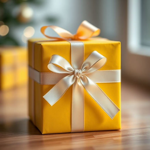 Create a realistic and detailed image of a yellow gift box with a silver ribbon, using a DSLR camera, 50mm lens, f/2.8 aperture, ISO 100, soft natural lighting, and a shallow depth of field for enhanced focus on the box.
