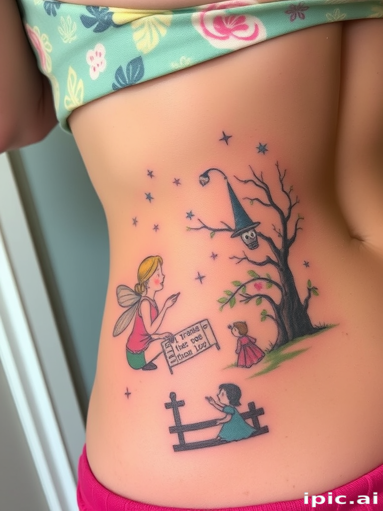 Illustrative tattoo depicting a whimsical fairy tale scene on the ribs, with soft pastel colors and storybook-like linework and shading