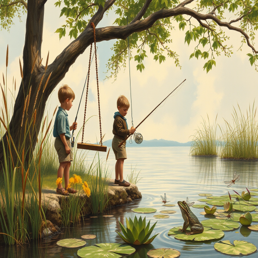 Imagine a small group of old fashioned young boys out fishing by the creek, a swing hanging from a tree branch, reeds and grasses by the water's edge, a frog sitting on a lily pad, dragonflies hovering over som water plans, a very iconic old fashioned scene reminiscent of a Norman Rockwell painting style
