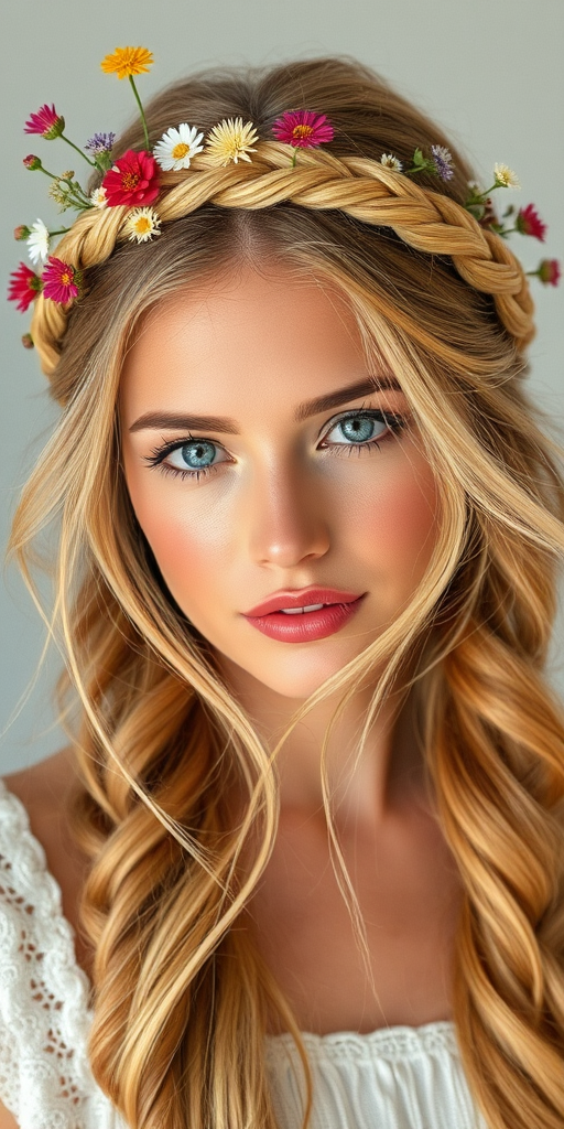 Romantic braided crown in honey blonde, adorned with fresh wildflowers and loose tendrils framing the face, creating a dreamy bohemian-inspired look