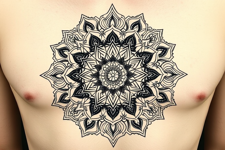 Elaborate ornamental "Mandala Fusion" tattoo design blending intricate floral patterns with geometric shapes and spiritual symbols creating a harmonious and symmetrical circular motif ideal for chest or back placements