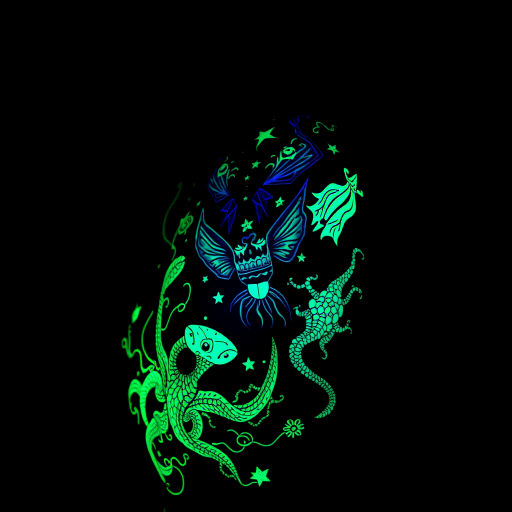 Glow-in-the-dark tattoo titled "Bioluminescent Symphony" incorporating UV-reactive ink to create a hidden layer of glowing patterns and creatures visible only under blacklight