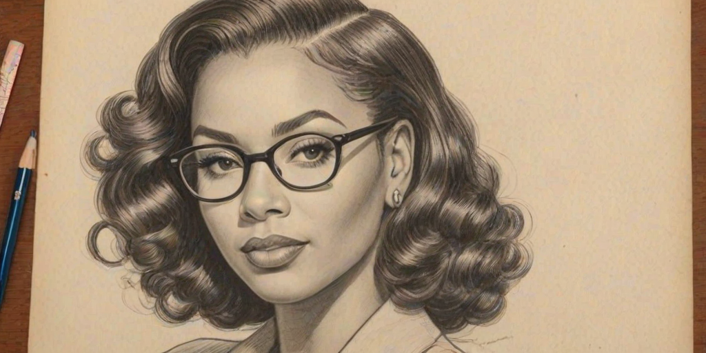 Charming Ashanti, pencil sketch, portrait of Ravishing woman 1938s in glasses, hair style beatnik, outline, clear lines, fine lines, 8k