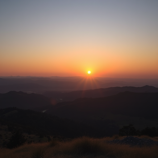 Create a high-resolution image of a serene landscape with a sunset over rolling hills, using a Canon EOS R5, 25mm lens, f/8 aperture, ISO 100, 1/200 sec shutter speed, taking the shot from a low angle for a dramatic view, in natural light to enhance colors and details.