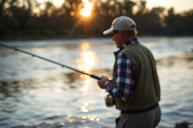 Blurry candid shot of a fisherman casting his line into a river at dawn, soft light from the rising sun reflecting off the water, with trees softly blurred in the background.