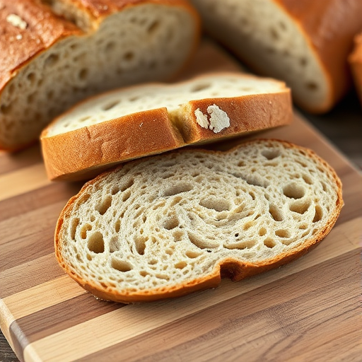 A close-up shot of freshly baked sourdough bread slices on a wooden cutting board, aperture f/2.8, shutter speed 1/125s, ISO 200, DSLR camera with a 50mm lens, natural light to enhance texture and detail.