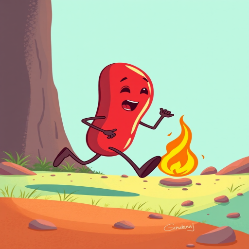 Create a cartoon-style illustration of a red bean character running away from a small flame, with a vibrant turquoise background, using a Canon EOS R6 with a 50mm f/1.8 lens, ISO 100, aperture f/2.8, and shutter speed 1/100s for sharp focus and bright colors.