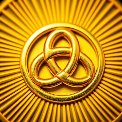 Create a high-resolution, vibrant design of a golden three-part trinity knot enclosed in a circular pattern with radiating lines in the background, shot with a DSLR camera at f/8, ISO 100, 1/60 sec, using a macro lens to focus on intricate details and enhance clarity.