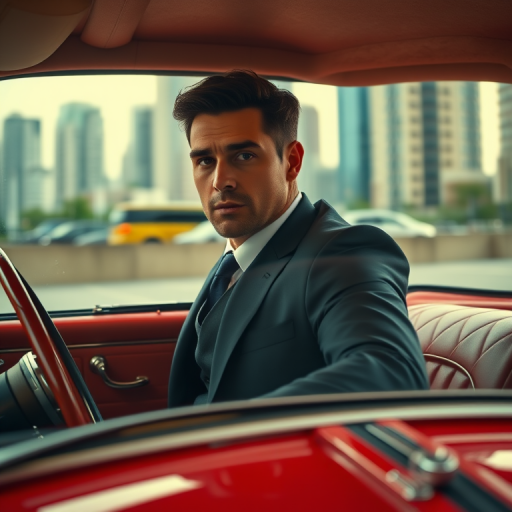 A man in a suit driving a vintage red car with a cityscape backdrop, vibrant colors, soft focus, shot with a DSLR camera at ISO 100, f/2.8 aperture, 50mm lens, natural lighting, high dynamic range.