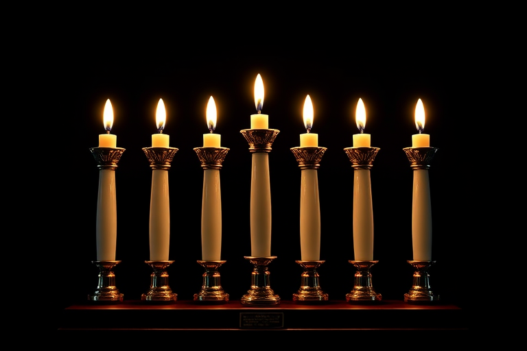 create a detailed illustration of a candelabrum with seven tall candles, soft lighting, high contrast background, use a Canon EOS R5, 85mm lens, aperture f/1.8, ISO 100, shot in a studio setting with a shallow depth of field to focus on the candelabrum