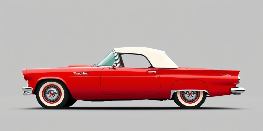 Create a high-resolution vector illustration of a 1950s red Thunderbird convertible with a white top, side view, using a soft gradient grey background, settings: ISO 100, aperture f/8, shutter speed 1/500s, camera view: flat lay, camera style: digital art, camera type: DSLR.