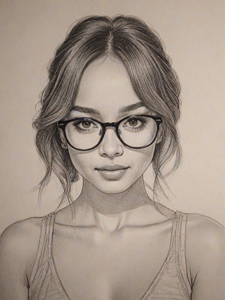 Delightful Ashley Madekwe, pencil sketch, portrait of Ravishing woman 1971s in glasses, hair style beatnik, outline, clear lines, fine lines, 8k