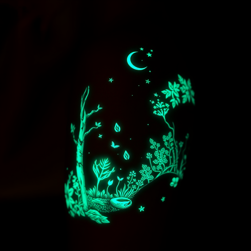 Luminous glow-in-the-dark tattoo called "Bioluminescent Forest" showcasing a magical woodland scene with phosphorescent ink that charges in daylight to emit a soft ethereal glow in darkness intricate details of flora and fauna come alive at night creating an enchanted landscape on the skin