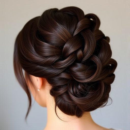 Luscious chocolate brown locks styled in the "Velvet Dream" updo, intricate braided crown encircling head, soft curls pinned artfully at nape, wispy tendrils escaping to frame face, rich mahogany lowlights adding depth, glossy finish enhancing natural shine