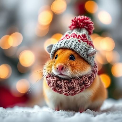 A cute hamster wearing a knitted hat and scarf, standing in a snowy outdoor setting with Christmas lights blurred in the background, captured with a Canon EOS R5 at f/2.8, ISO 100, 50mm lens, shallow depth of field, soft natural lighting.
