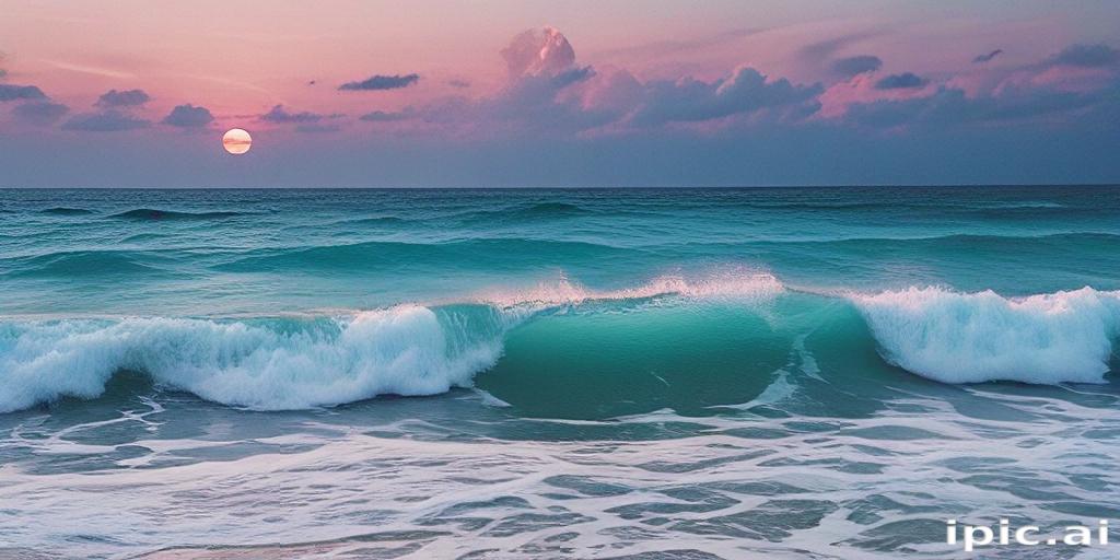 Serene Sunset Over Gentle Waves on a Tranquil Ocean Shoreline