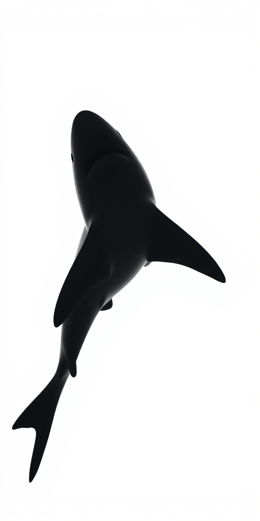 Create a high-resolution silhouette of a shark swimming from left to right against a white background using a DSLR camera with a 50mm lens, aperture set to f/2.8, ISO 200, and a shallow depth of field for a clean look, with side lighting to enhance the contours of the shark.