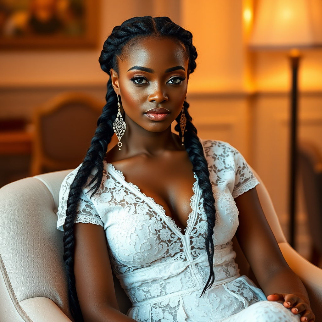 Create a portrait of a refined and elegant Zambo woman seated in a sophisticated setting. She has long, wavy hair styled in two thick braids that are pulled over her shoulders. She wears a white, lace gown with intricate patterns, featuring a deep V-neckline and short sleeves. The dress exudes a vintage charm with its delicate lacework. She is adorned with ornate, dangling earrings that add a touch of glamour to her appearance. The background is softly lit, with warm, ambient lighting that creates a cozy and inviting atmosphere. Her expression is poised and serene, capturing a sense of grace and elegance.