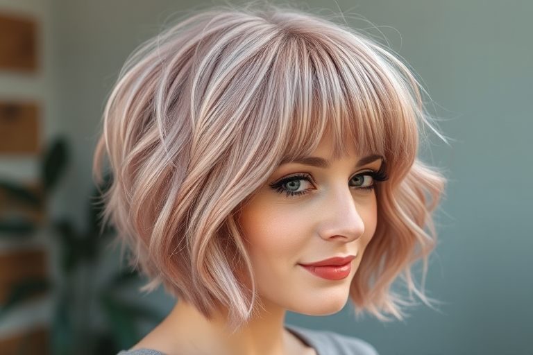 Dusty rose shag cut called "Vintage Bloom" featuring choppy layers, curtain bangs, and a lived-in texture for a retro-inspired look