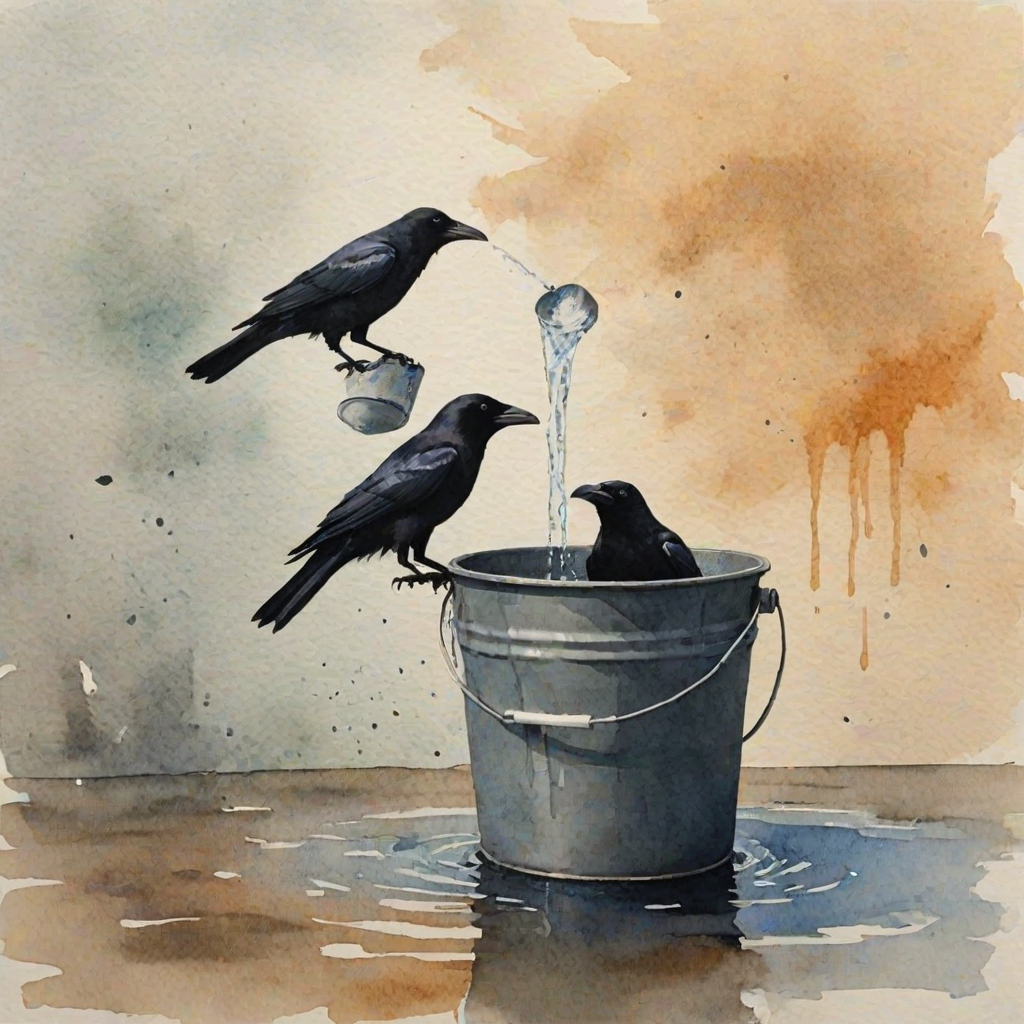 Create a watercolor painting of the silhouette of crows drinking water from a bucket, with muted colors and a textured background.