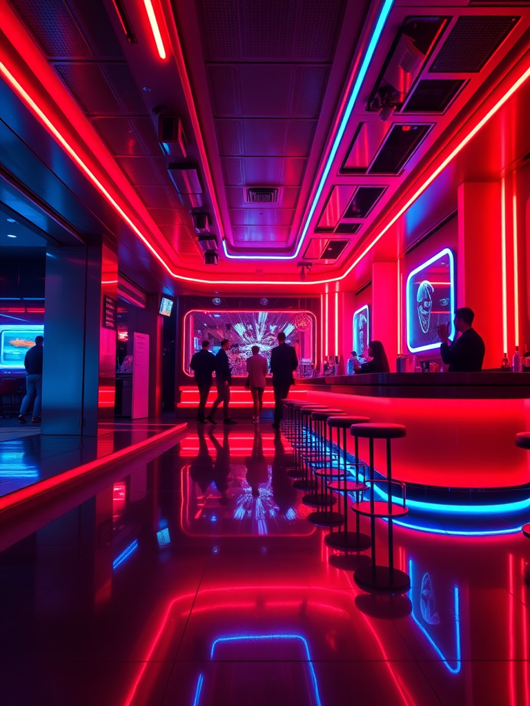 Generate a neon-lit bar scene featuring a futuristic interior with glowing red and blue accents, reflective floors, and a silhouette of people in the background, shot with a Canon EOS R5, 24mm f/1.4 lens, ISO 100, aperture f/2.8, and a low angle view for depth.