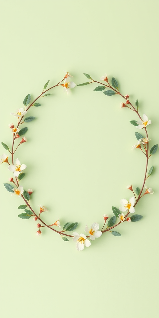 Create a circular floral border design on a light green background with delicate leaves and blooms, using a Canon EOS R5 with a 50mm lens, aperture f/2.8, ISO 100, and a shallow depth of field for a soft focus effect.