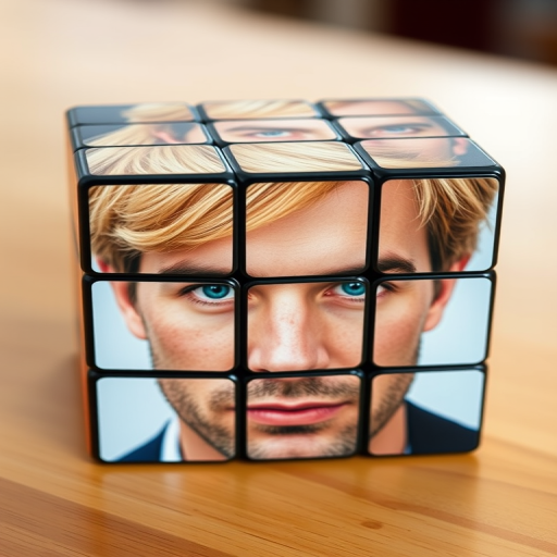 Generate an image of a 3D cube Rubik's cube featuring a collage of a man's face with blonde hair, capture it from a front view using a DSLR camera with a 50mm lens, aperture set to f/2.8, ISO 100, and shutter speed 1/250s, ensuring high contrast and vibrant colors.