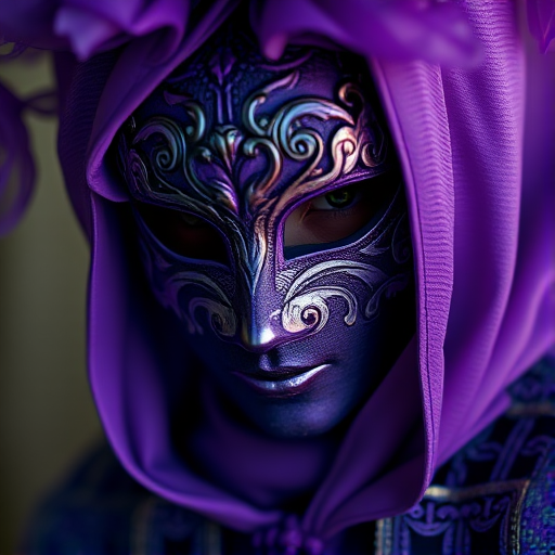 Regenerate a high-resolution image of a masked person in elaborate purple attire, focus on intricate details of the mask and fabric, use a DSLR camera with a 50mm lens, aperture set to f/1.8 for a shallow depth of field, shot from a slightly low angle for dramatic effect, with soft diffused lighting to enhance texture and color vibrancy.
