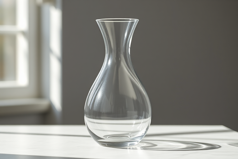 Create a minimalist image of a glass carafe with smooth contours and reflections, captured with a Canon EOS R5 camera, 50mm lens, f/1.8 aperture, ISO 100, using natural light to emphasize clarity and texture, shot from a slightly elevated angle for depth and focus on the carafe's design.