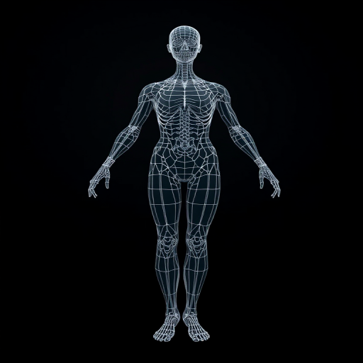 Create a high-resolution 3D model of a human figure with a wireframe texture, centered view, using a professional DSLR camera with a 50mm lens, aperture f/8, ISO 100, and a shallow depth of field for enhanced detail and clarity.