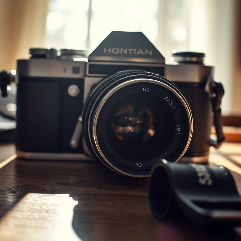 Sharp, detailed close-up of a vintage film camera, sunlight reflecting off the lens, soft shadows cast on the table, a roll of film lying beside it, the smell of leather and old film filling the air, a nostalgic atmosphere captured.