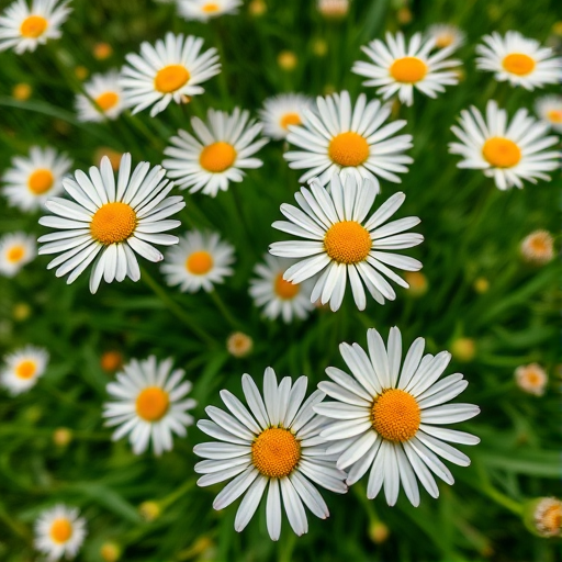 Close-up of white daisies with yellow centers in a lush green field, taken with a DSLR camera at f/2.8 aperture, 1/250s shutter speed, ISO 100, top-down view, natural light, high-resolution.