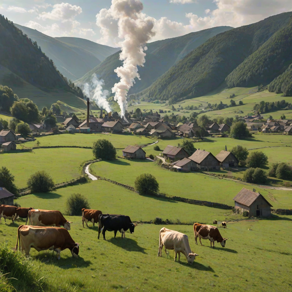 Peaceful village nestled in a valley, with smoke rising from chimneys, and cows grazing lazily in the surrounding fields.