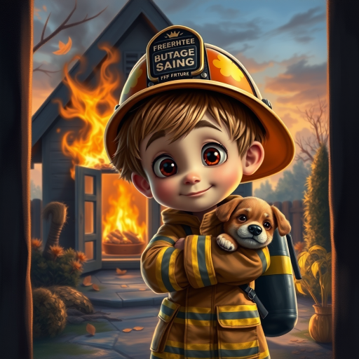 airbrushed oil painting, pixar style, cute little boy in fireman gear, helmet, tousled hair, expressive eyes, standing in the doorstep of a cottage burning behind him, holding a cute little dog in his arm, atumn sky
