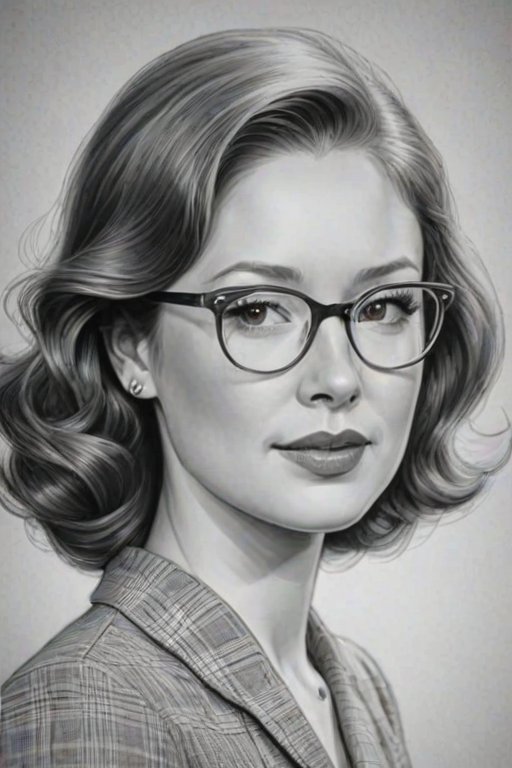 Ravishing Ellie Kemper, pencil sketch, portrait of Exquisite woman 1940s in glasses, hair style beatnik, outline, clear lines, fine lines, 8k