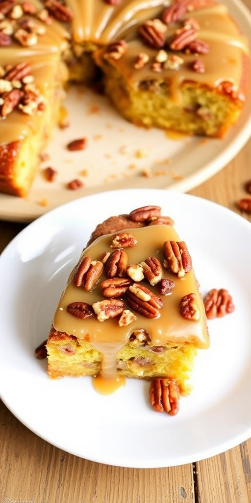 A delicious slice of pecan pie cake topped with a creamy caramel glaze and sprinkled with chopped pecans served on a white plate with additional slices in the background on a wooden table.