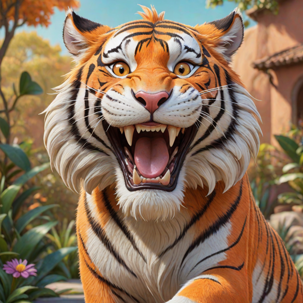 Disney style, cartoon illustration of an orange and white tiger with messy hair smiling very wide open mouth showing, in the Disney Pixar animation style, in the style of Don Bluth, full teeth body, with a very detailed face, very detailed eyes, very detailed fur, full color, very colorful, with a very colorful background, soft pastel colors, high resolution, high quality, high detail, hyper realistic