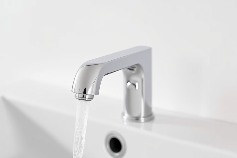 Create a high-resolution image of a modern chrome faucet on a clean white background, captured with a Canon EOS R5 camera at f/8, ISO 100, and a shutter speed of 1/200s, using a macro lens to focus on the sleek design and reflections.