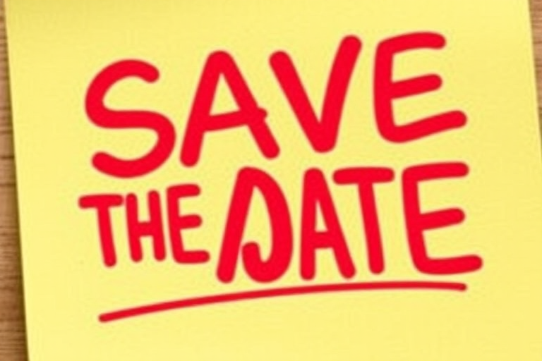 Create an image of a sticky note with the text "SAVE THE DATE" in bold red letters, captured with a DSLR camera at f/2.8 aperture, 50mm lens, and a depth of field effect, focusing on the note with a blurred background to enhance image quality.