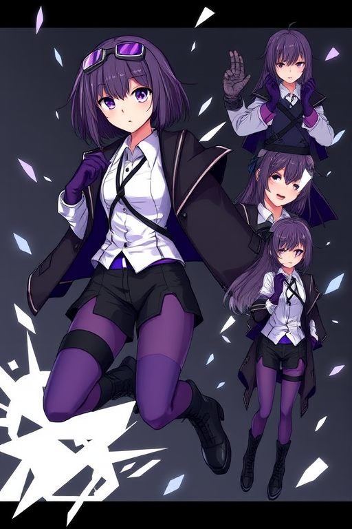 masterpiece, best quality, 1girl, kafka , purple eyes, bangs, eyewear on head, collared white shirt, long sleeves, jacket on shoulders, black jacket, black shorts, gloves, purple gloves, pantyhose under shorts, criss-cross straps, thigh strap, purple pantyhose, thigh boots, asymmetrical legwear, multiple views, shatter, falling, split, dynamic pose, dark, expressions,