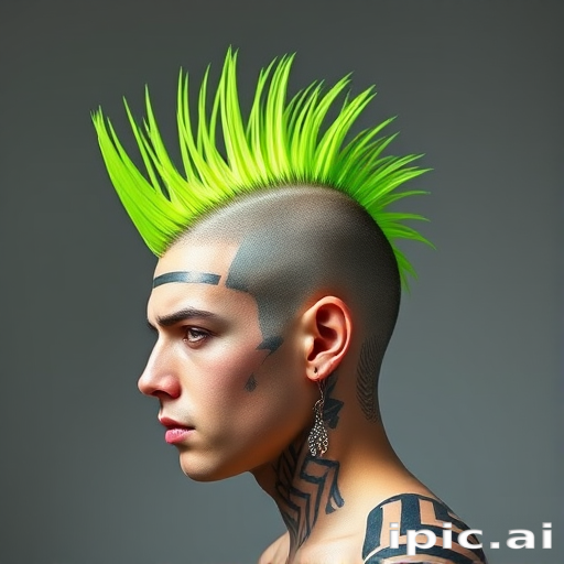 Rebellious neon green mohawk with shaved sides featuring intricate geometric patterns, styled in a gravity-defying spiky formation for maximum impact