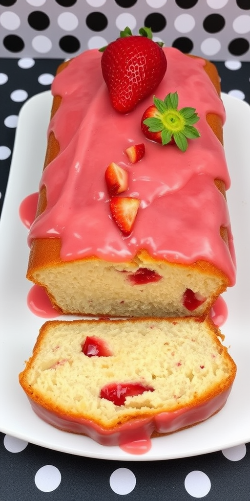 A beautifully presented loaf cake topped with a glossy strawberry glaze garnished with a fresh strawberry, sliced to reveal its moist interior, displayed on a simple white plate against a polka dot background.