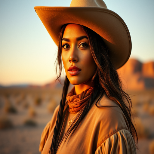 Dramatic photo of a beautiful Maori woman, classic cowboy attire, confident and free spirit expression, half-length portrait, centered, golden hour desert landscape, warm, diffused light, low angle, medium format film camera, in style of Annie Leibovitz.
