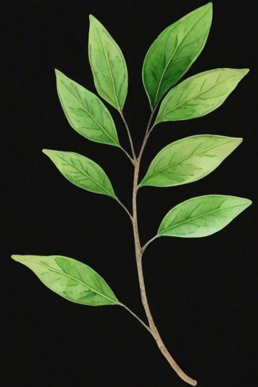 create a watercolor illustration of a simple green plant branch with elongated leaves on a black background