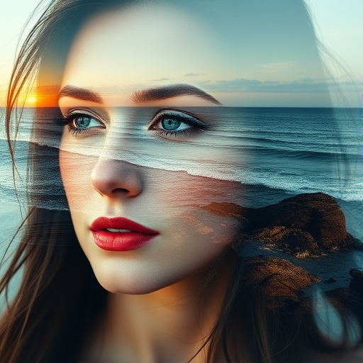 this image is Book cover, A surreal double exposure portrait that blends a woman's face with a beautiful seascape. The overall mood is dreamy and mystical, with rich colors and intricate details