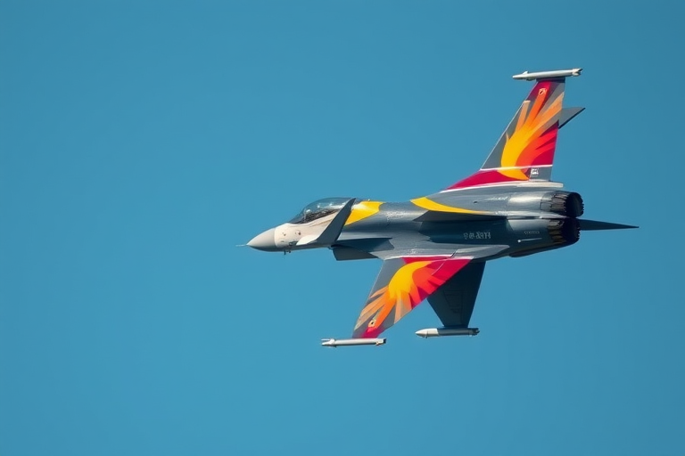 F-16 fighter jet in flight with a colorful tail design against a clear blue sky, shot with a Canon EOS R5, 1/800s shutter speed, f/8 aperture, ISO 100, wide-angle view, high dynamic range photography.