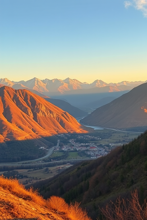 regenerate a high-resolution landscape image capturing a panoramic view of a mountainous region with a small village nestled in the valley, focus on golden hour lighting, using a DSLR camera with a 24mm lens, aperture set to f/8, ISO 100, and shutter speed of 1/125 sec, emphasizing rich colors and clarity