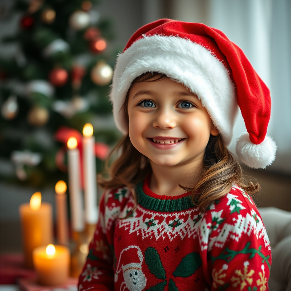A smiling young girl wearing a red Santa hat and a festive Christmas sweater, with candles and a decorated tree in the background, captured using a DSLR camera with a 50mm lens, aperture set to f/1.8, ISO 200, natural lighting, shallow depth of field for a soft bokeh effect.