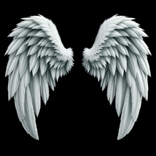 Create a high-resolution digital illustration of stylized angel wings on a black background, using a Canon EOS 5D Mark IV with a 50mm f/1.8 lens, aperture set to f/2.8, ISO 100, and a soft focus effect for enhanced detail and contrast.